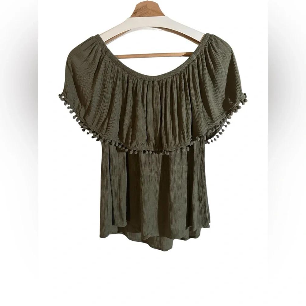 Blue Rain | Embroidered Olive Green Women's Shorts Sleeve Rayon Peplum Top - Picture 15 of 15